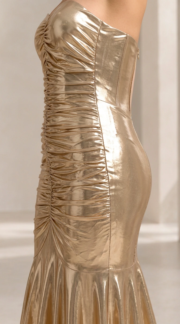 Close-up detail of the gathered ruching and metallic finish on the gold gown bodice