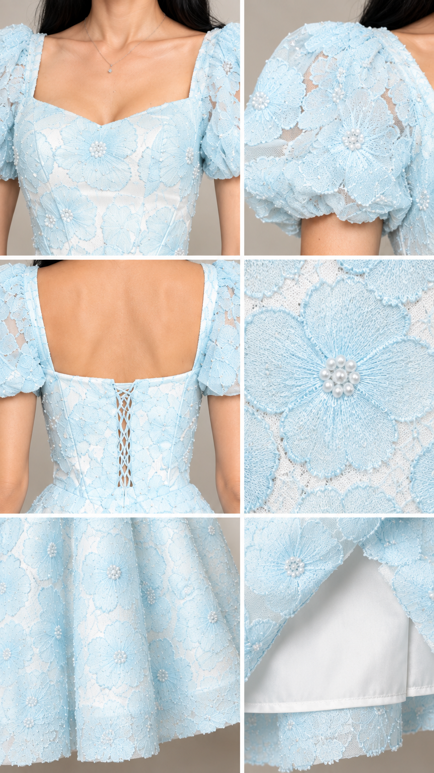 Detailed collage of Light Blue dress neckline, puff sleeve, lace-up back, and floral applique with pearls