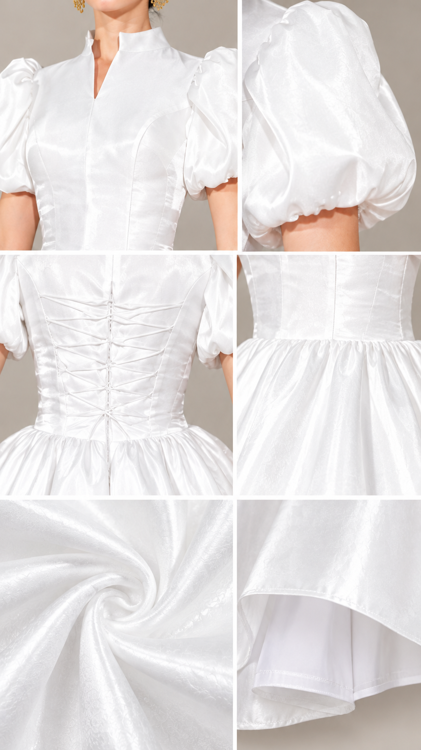 Close-up details of white satin gown collar, sleeves, corset lacing, and fabric