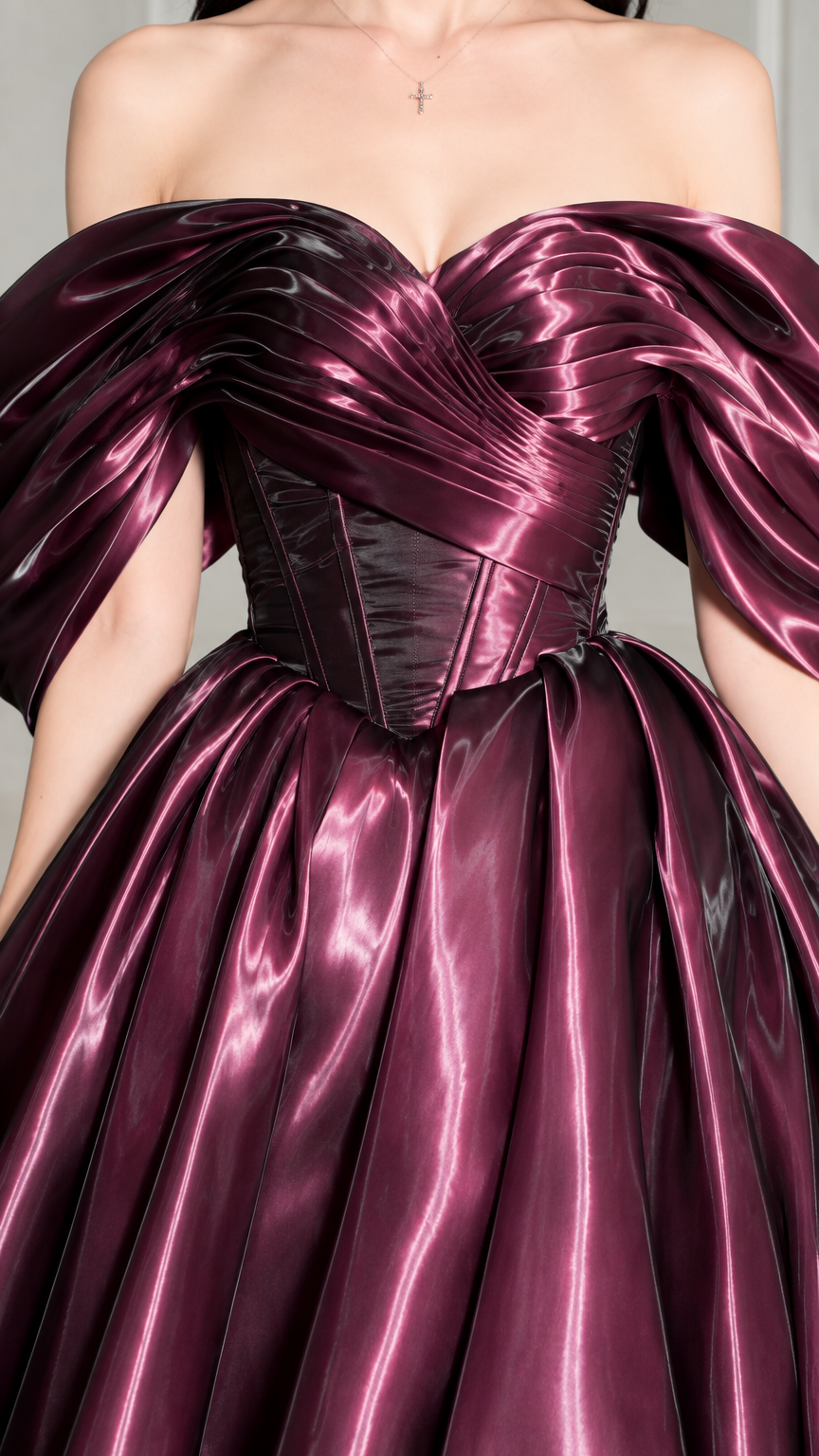 Close-up of pleated bodice and structured waist boning on wine satin dress