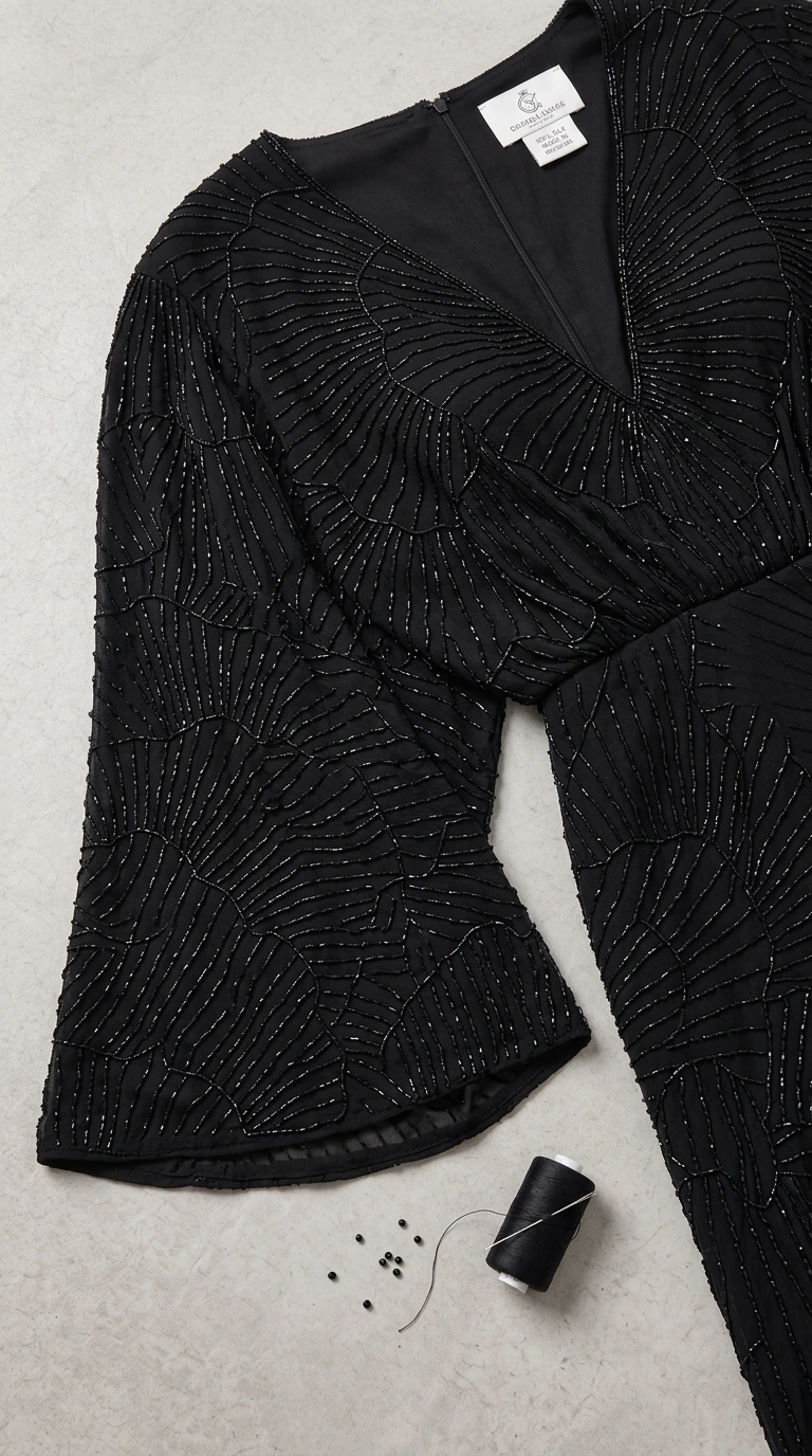 Close-up detail of black chevron beaded pattern on sheer sleeve with interior lining