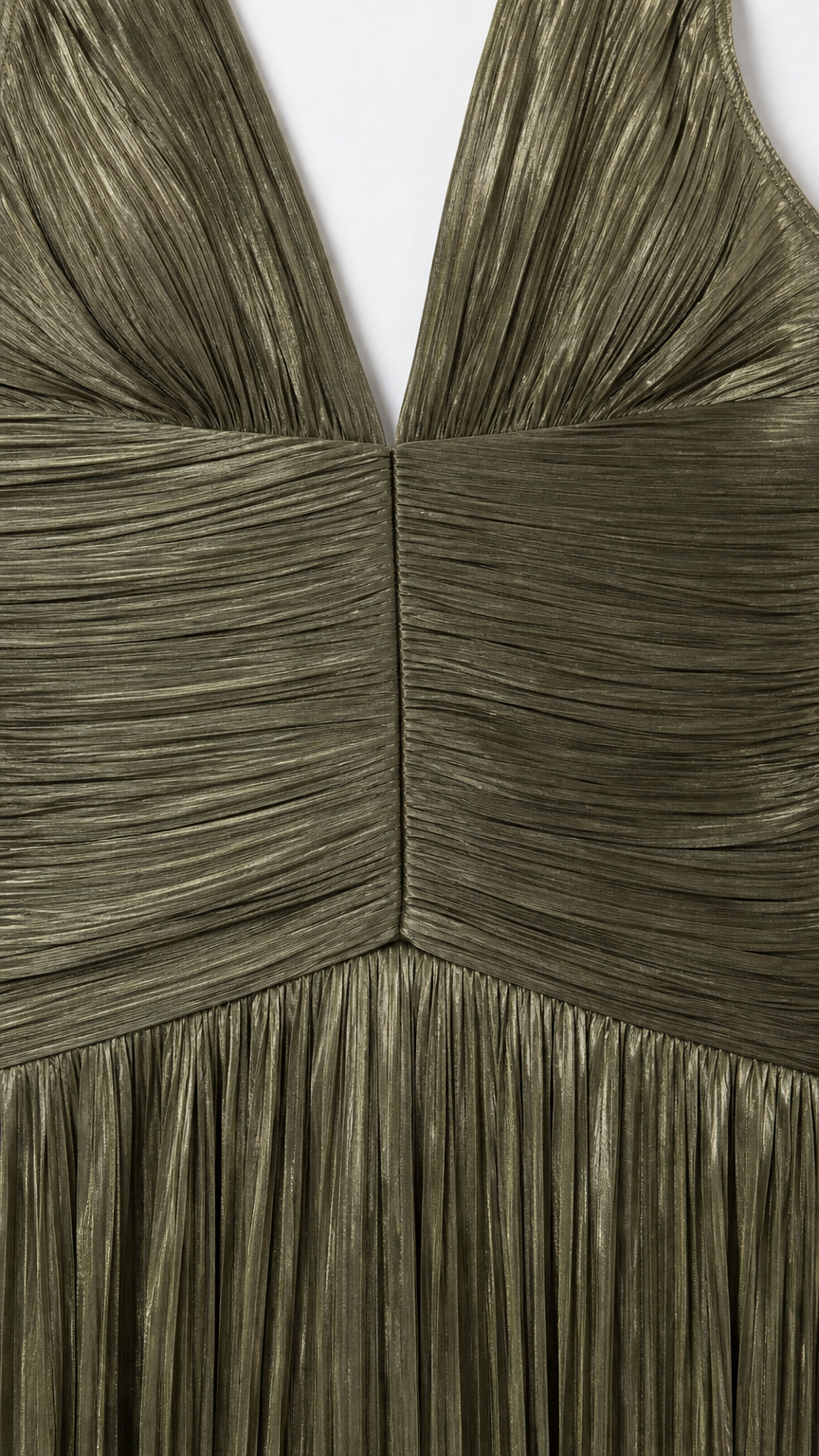 Close-up detail of metallic olive green micro-pleated plunge bodice