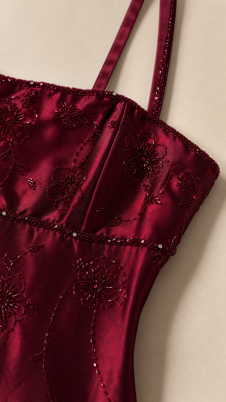 Close-up detail of beaded floral embroidery on Burgundy satin bodice