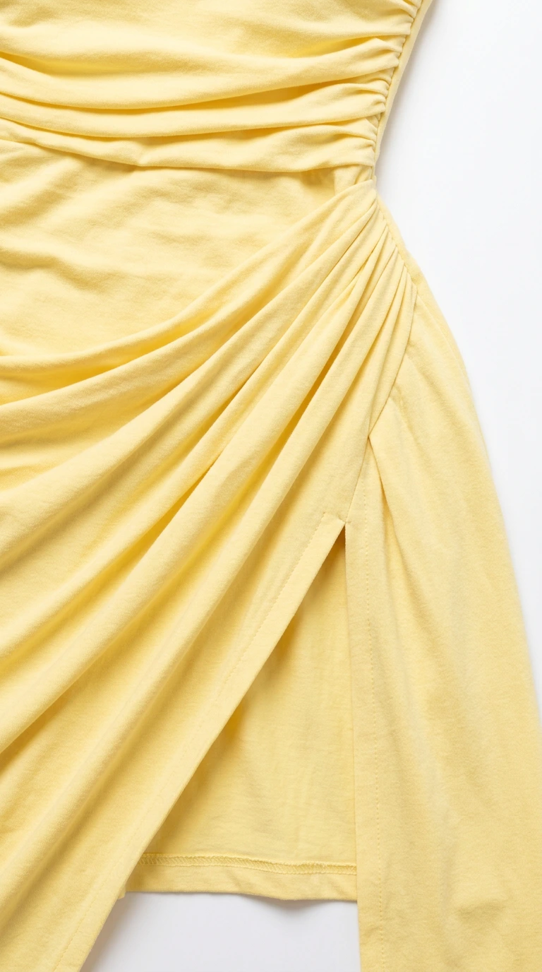 Close-up detail of gathered fabric ruching and side slit on yellow maxi dress