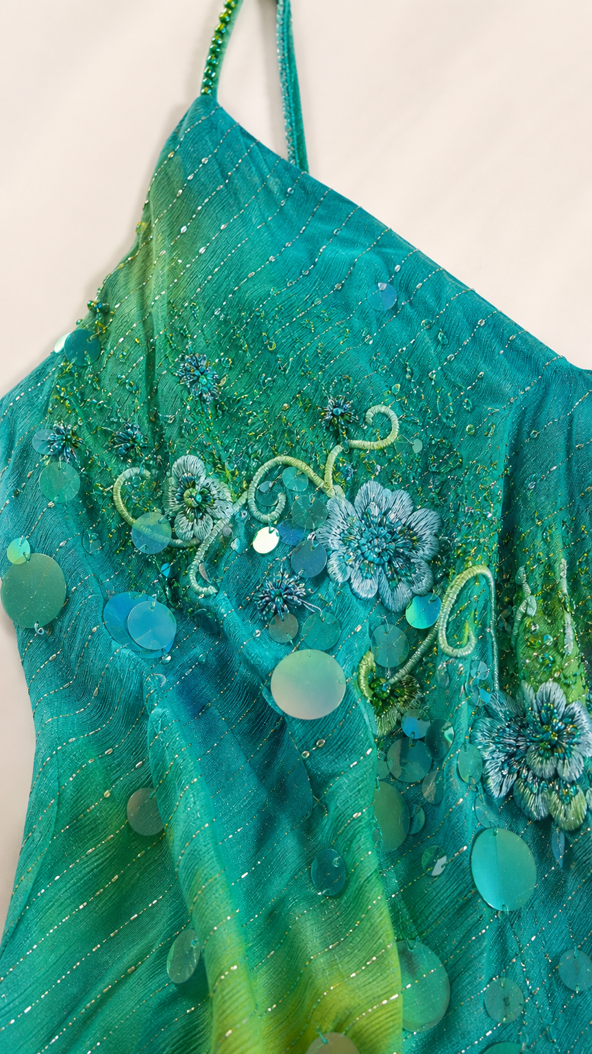Close-up detail of green and turquoise floral embroidery with sparkling sequins