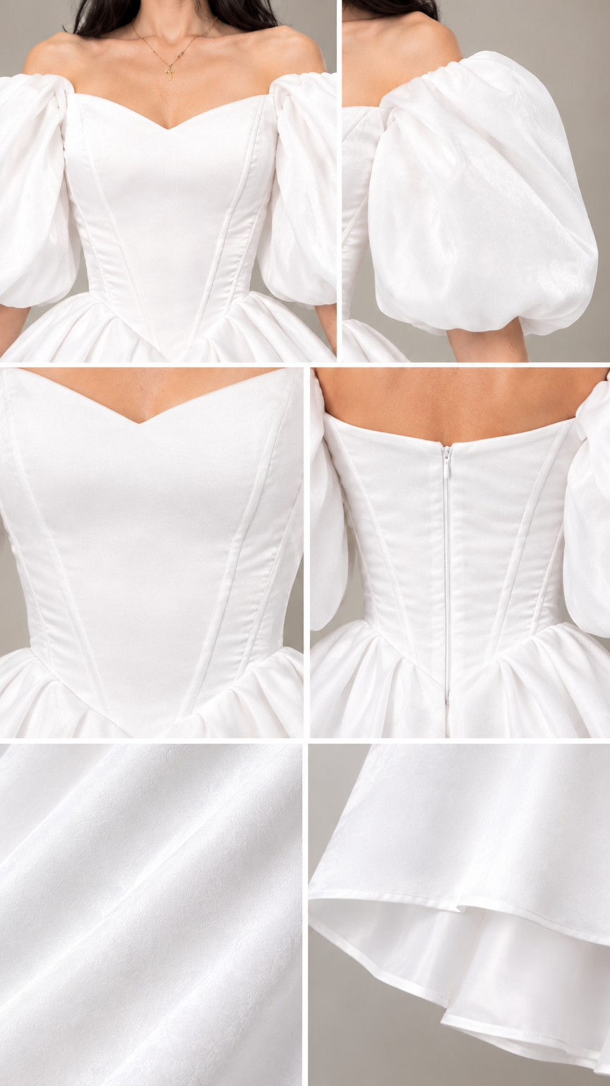 Close-up detail collage showing the corset bodice, puff sleeve, back zipper, and fabric texture of the white gown