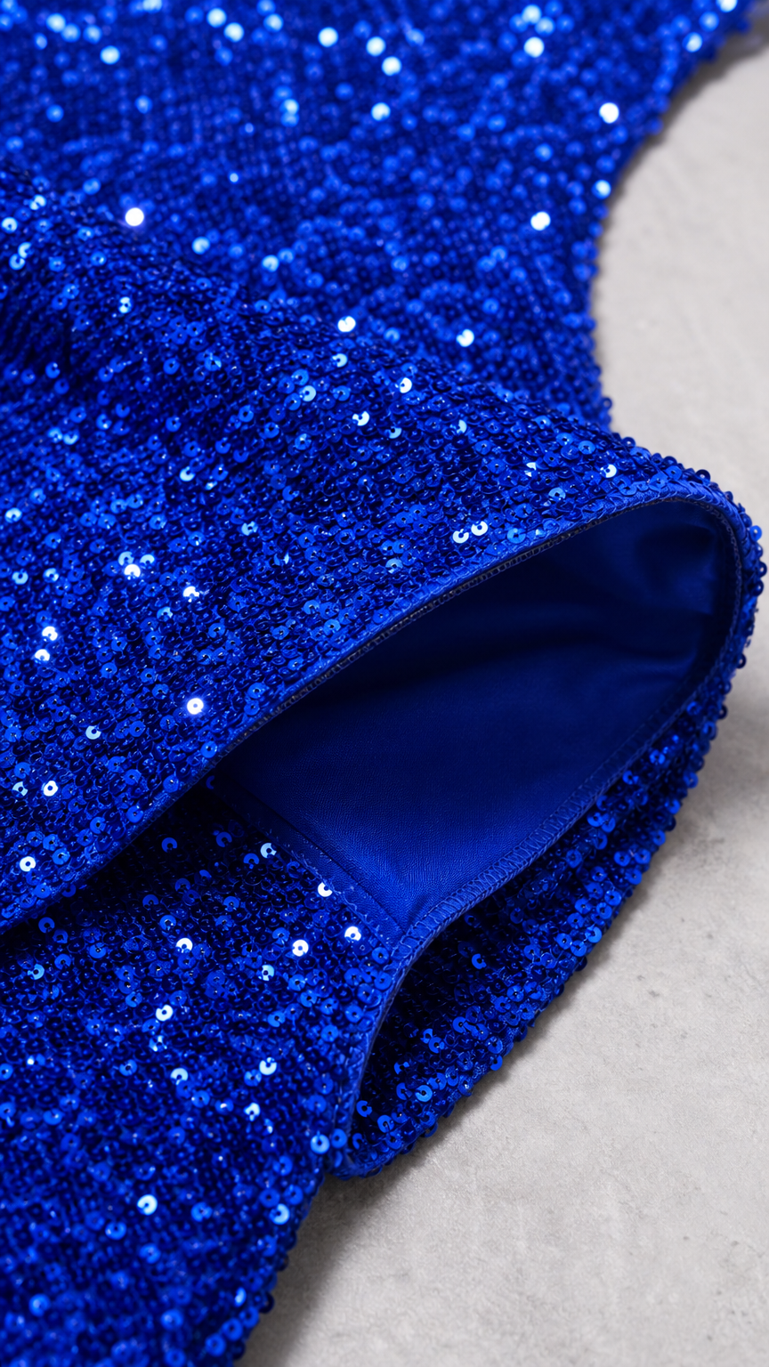 Close-up detail of royal blue sequin fabric and soft inner lining