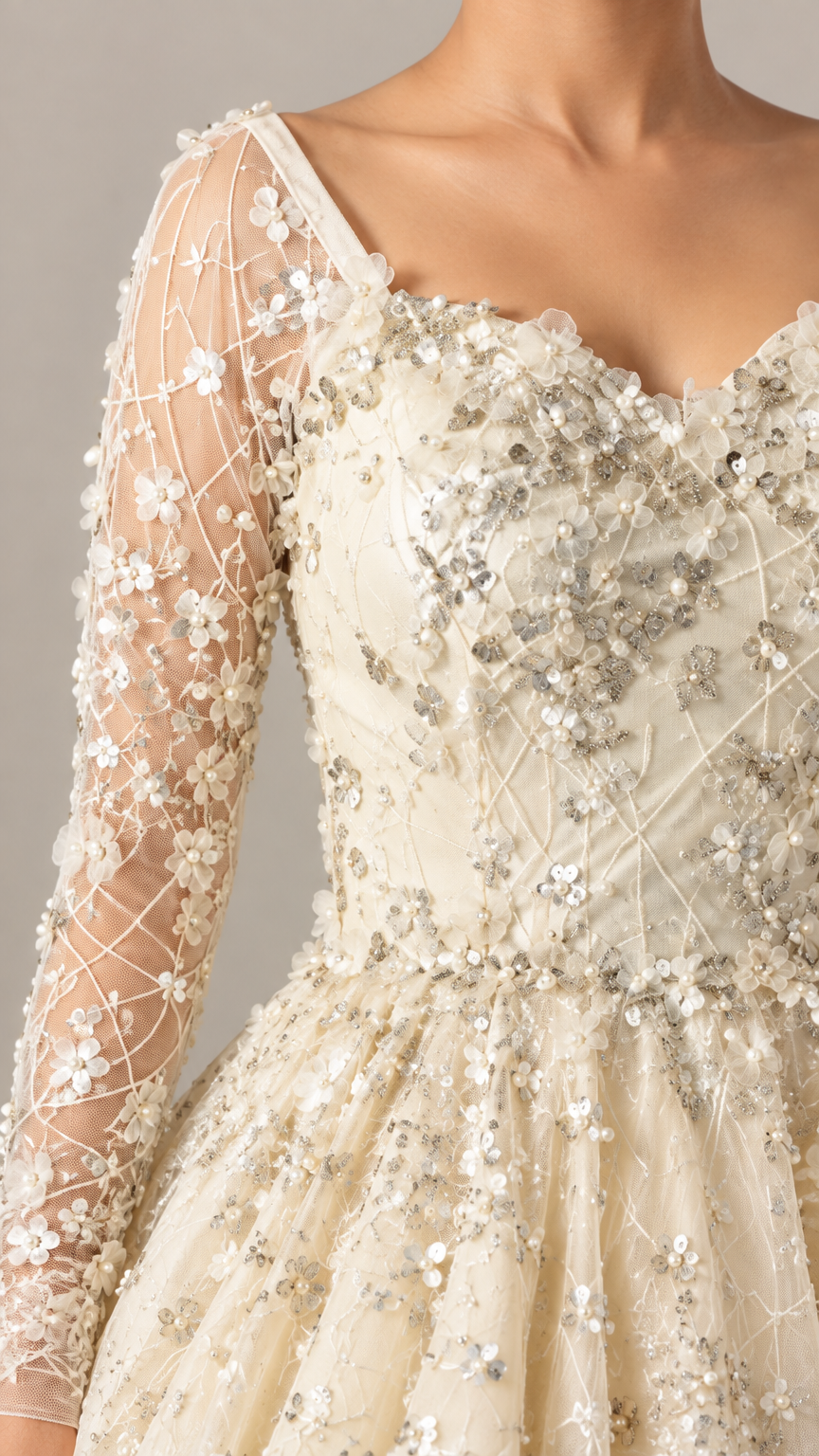 Close up view of champagne sequin floral embroidery and sheer long sleeve