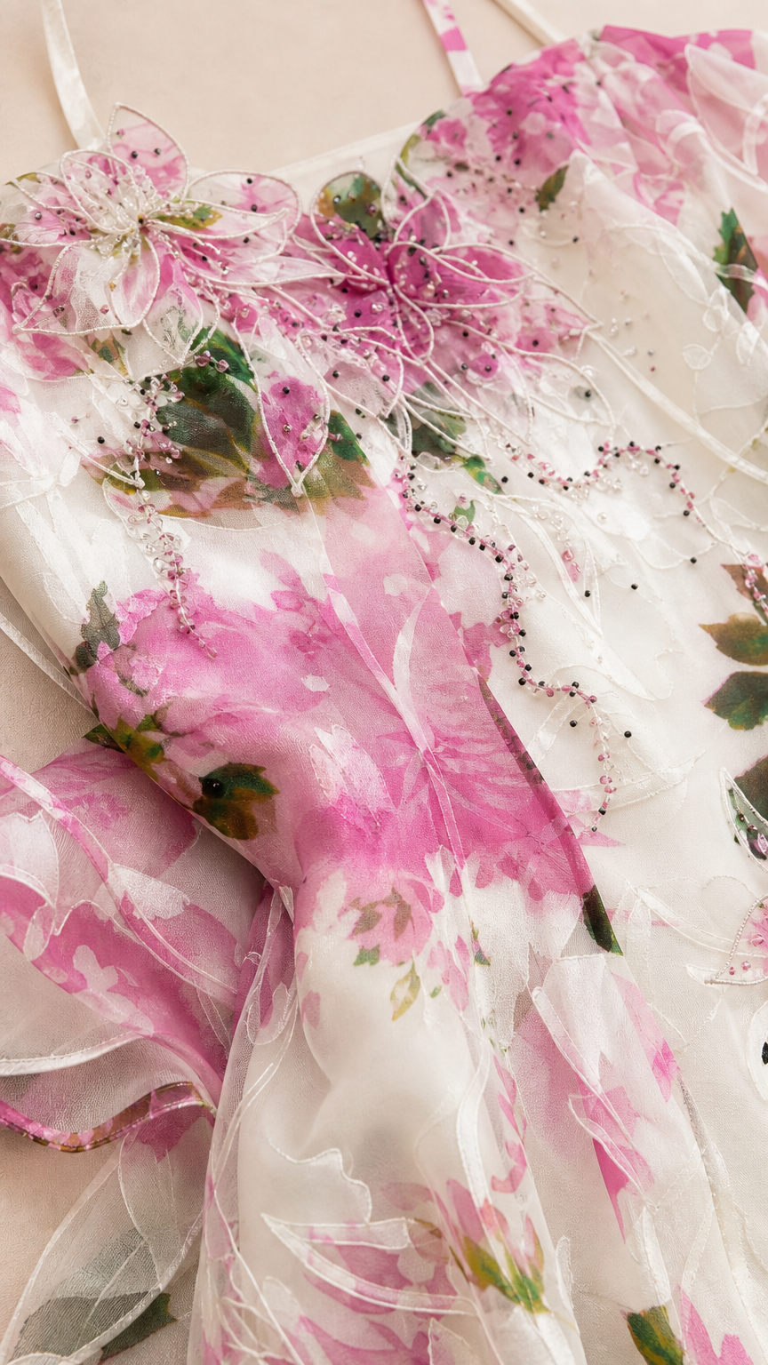 Close-up detail of floral embroidered sheer fabric with beaded embellishments