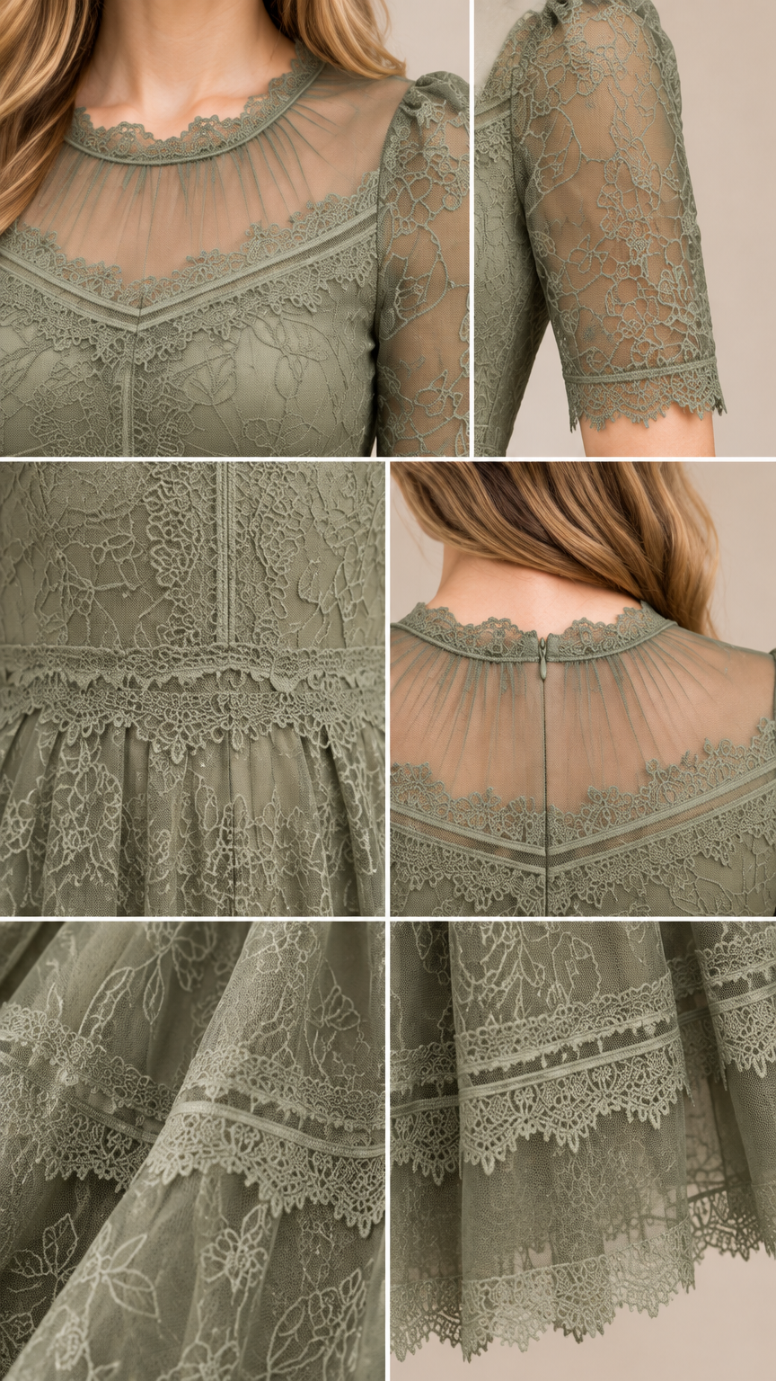 Close-up details of neckline, lace sleeves, waistband, and scalloped hem