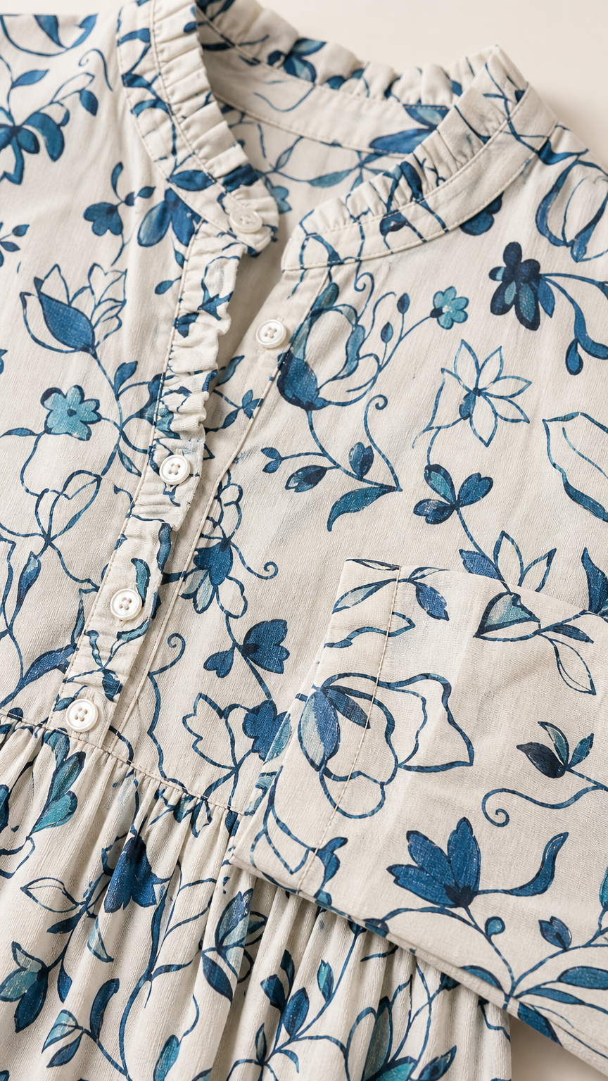 Close-up detail of ruffled collar, button placket, and floral print fabric texture