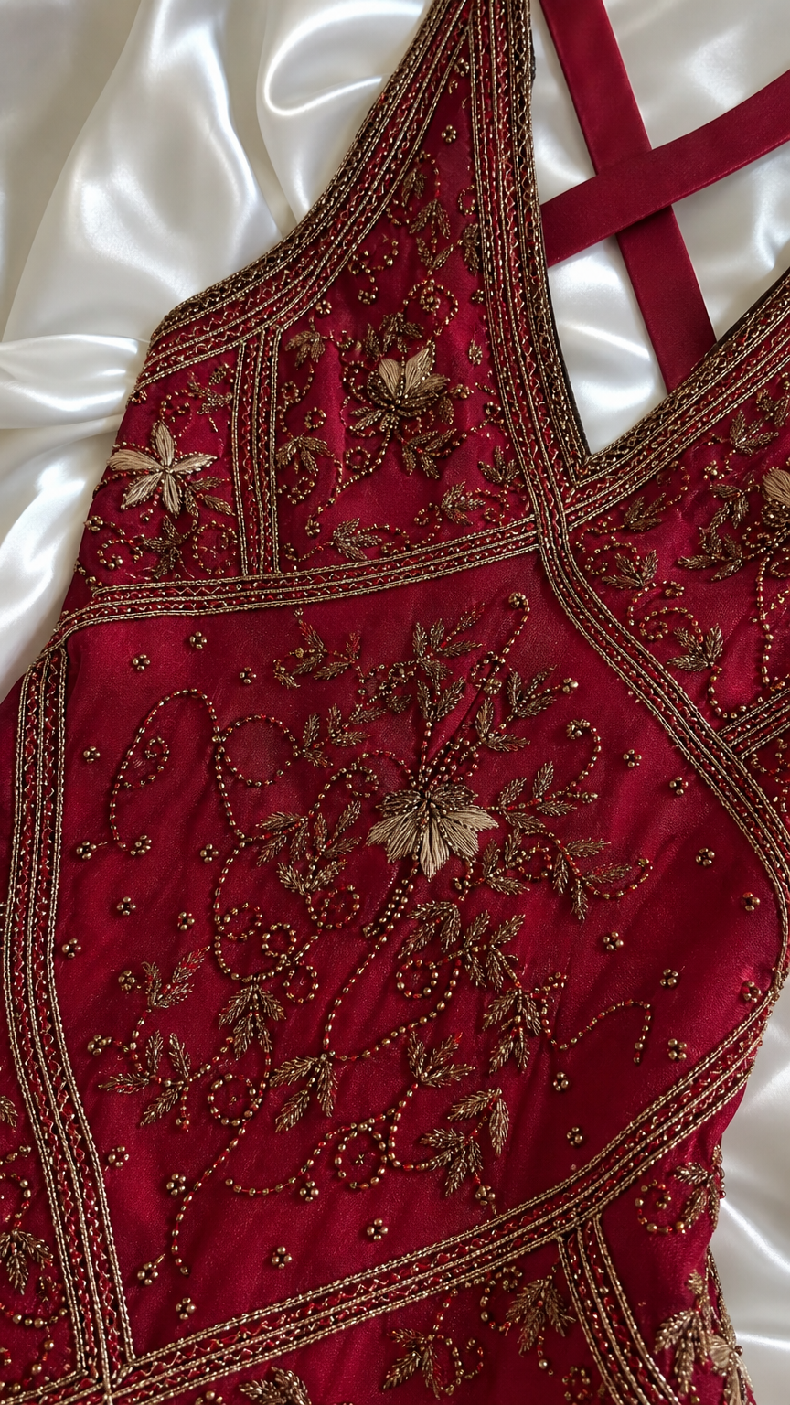 Close-up detail of burgundy fabric with intricate sequin and bead embellishments