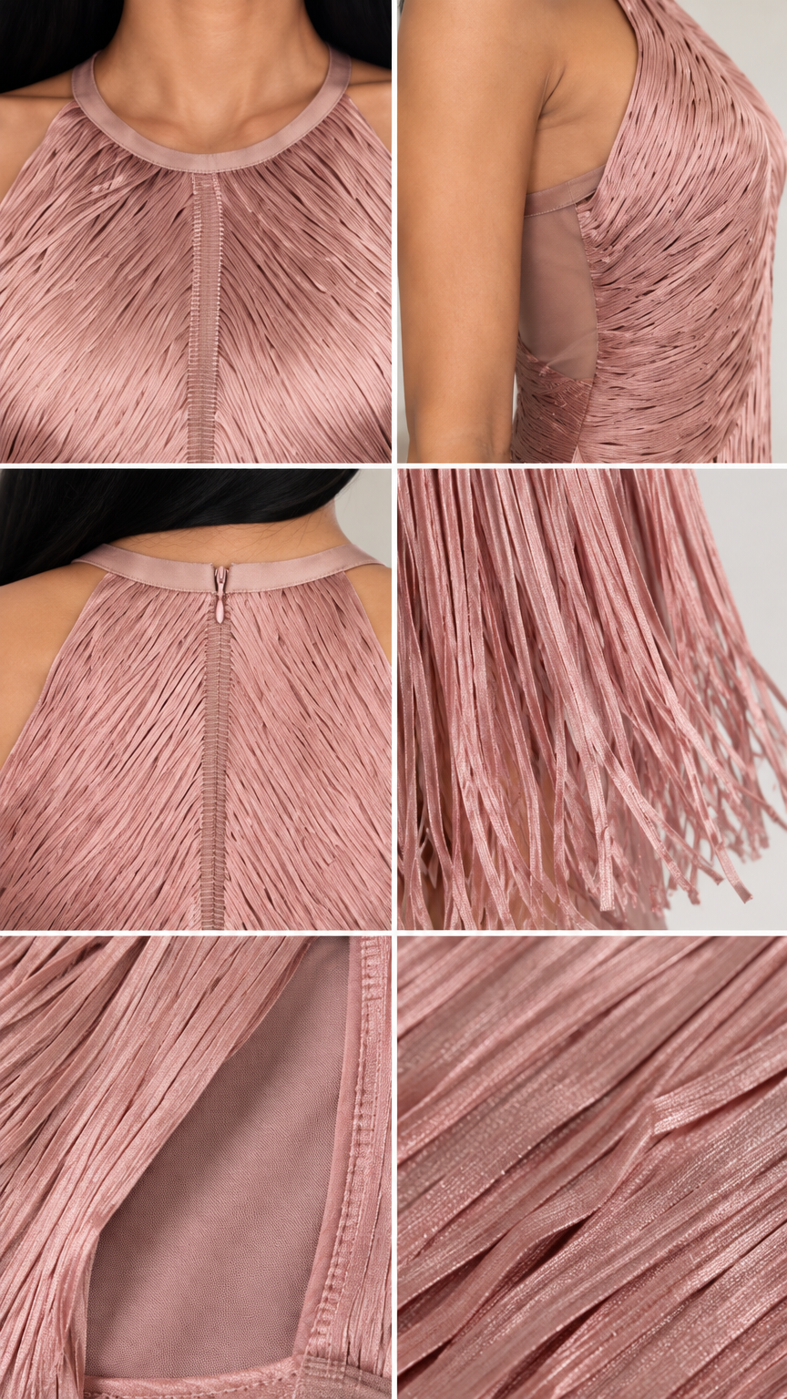 Close-up detail collage showing neckline, side slit lining, back zip, and fringe texture