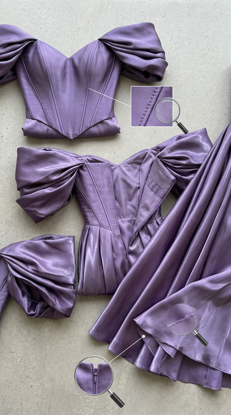 Flat lay garment detail showing structured corset bodice, sweetheart neckline, and pleated satin skirt construction