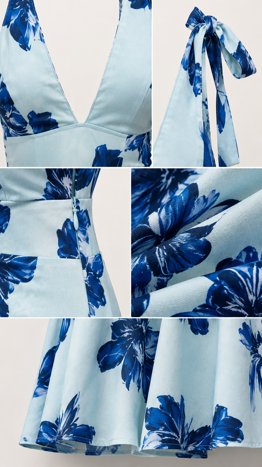 Close-up details of plunging halter neckline, fabric print, side zipper, and hem