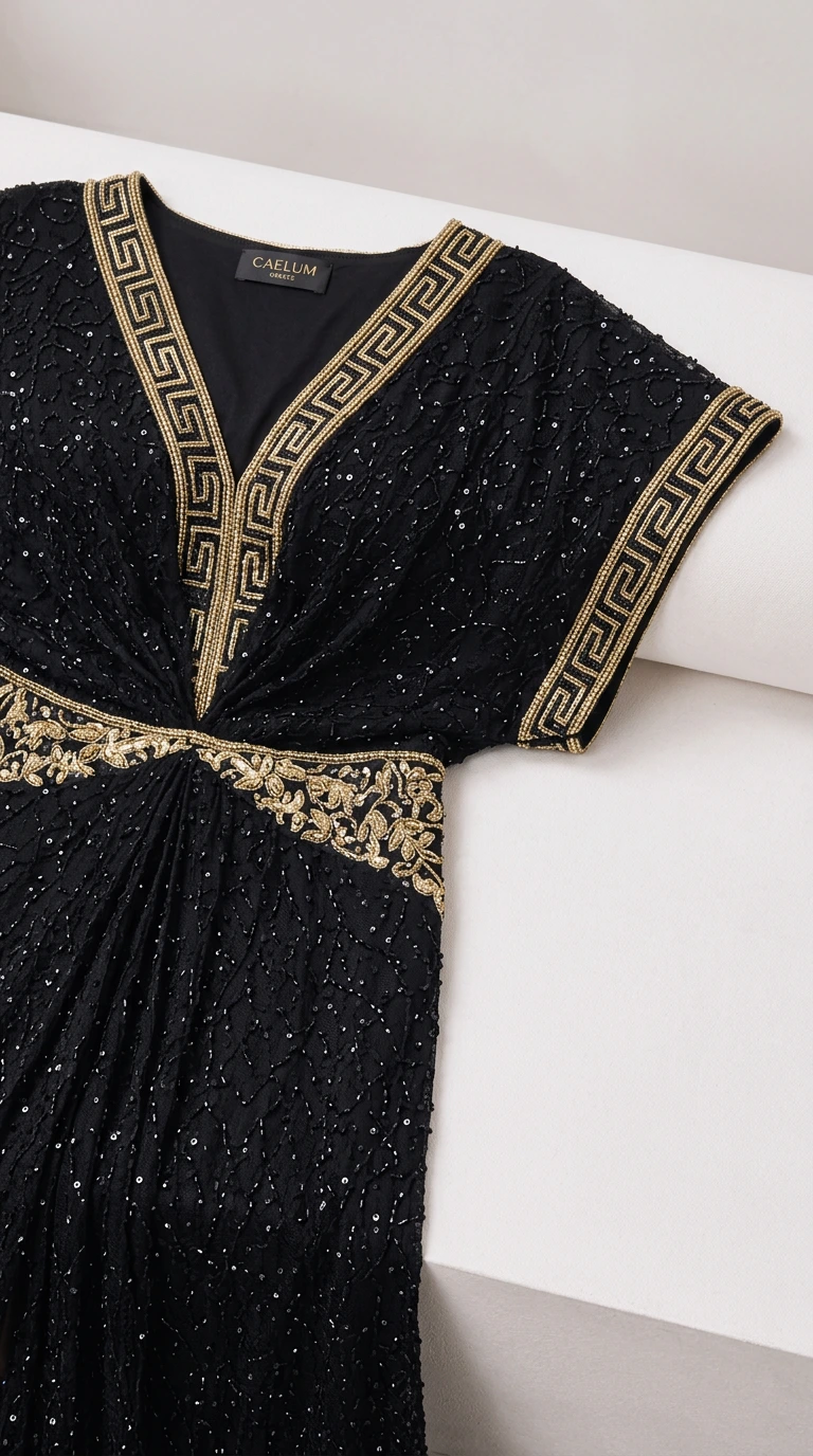 Close-up detail of the gold Greek-key and floral embroidered neckline and waist on black glitter fabric