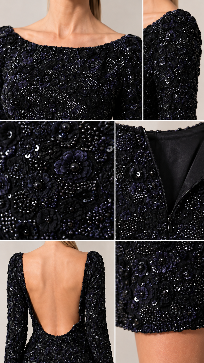 Detailed close-up panels showcasing floral sequin beading, neckline, and zipper closure