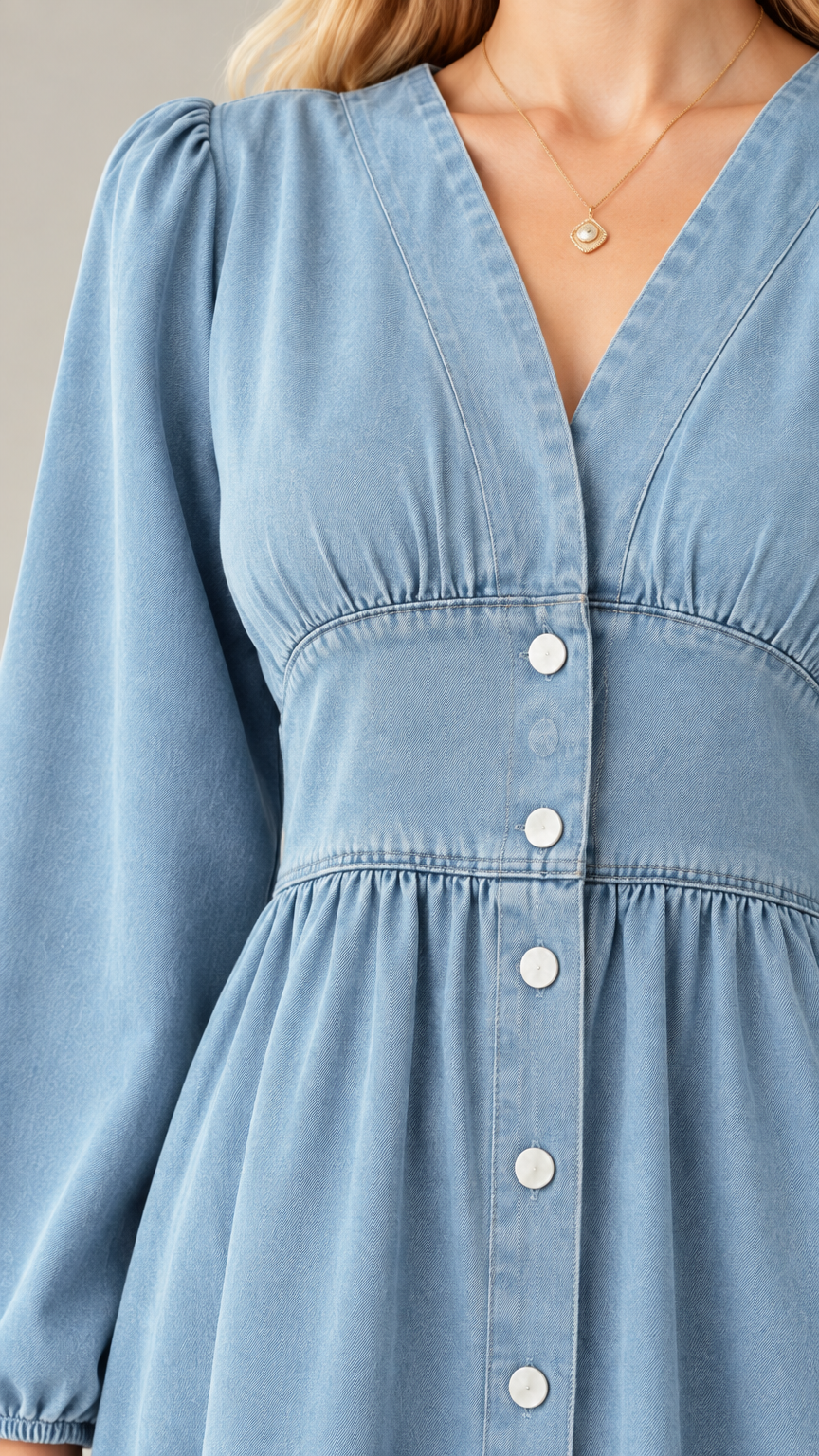 Close-up detail of Light Blue denim dress showing V-neck, buttons, and gathered bust