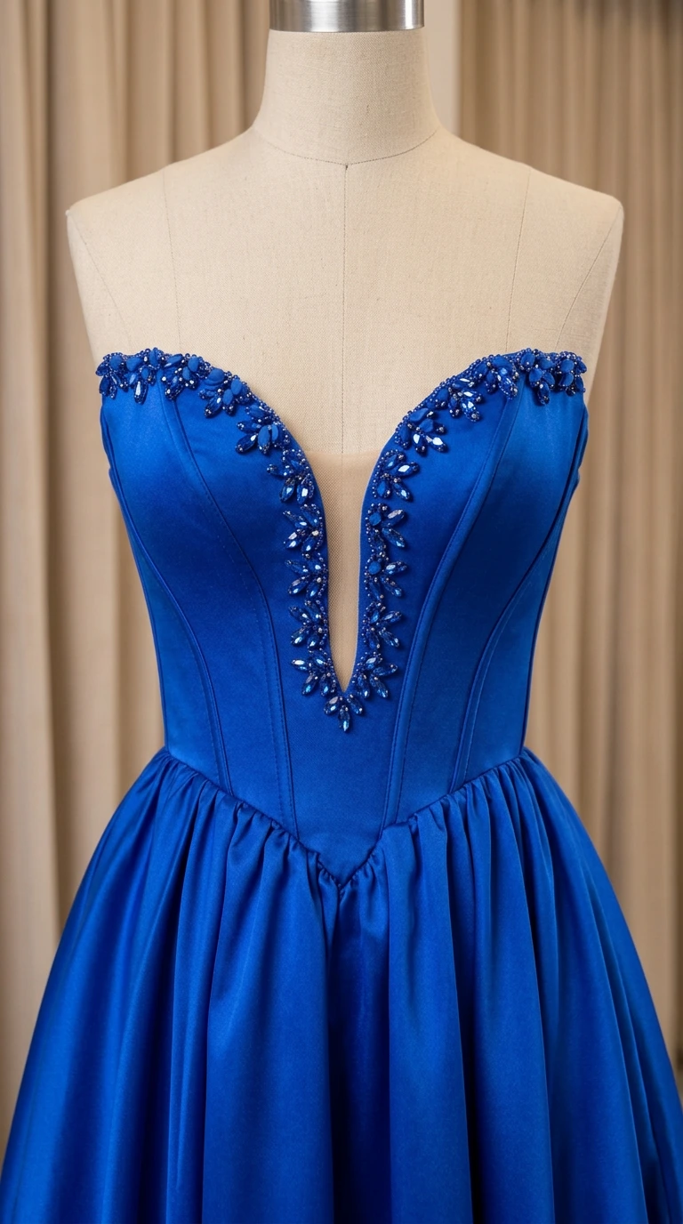 Close-up mannequin view of royal blue beaded sweetheart plunge corset bodice