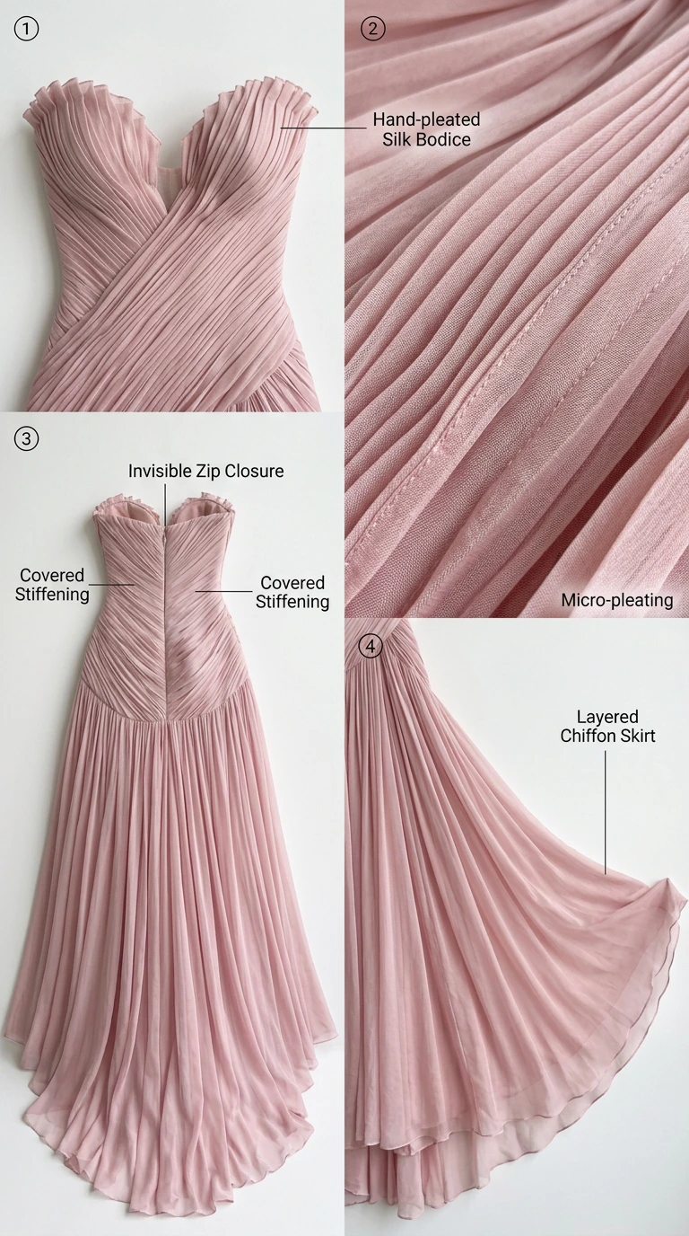 Detailed flat lay showing micro-pleating, sweetheart neckline, invisible zipper, and layered chiffon skirt