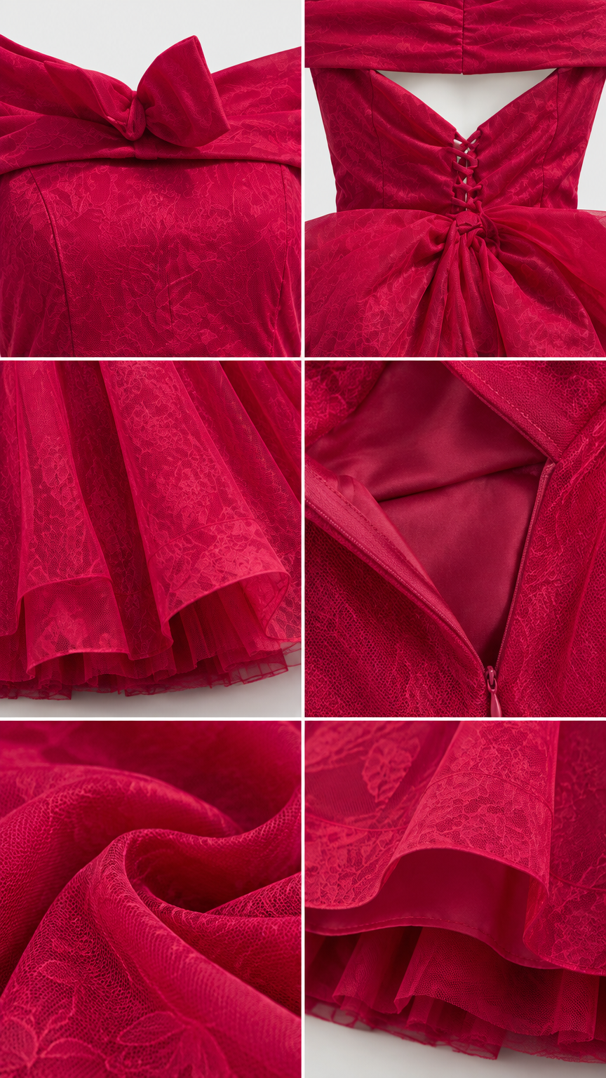 Close-up details of red dress neckline bow, lace-up back, zipper, and fabric texture