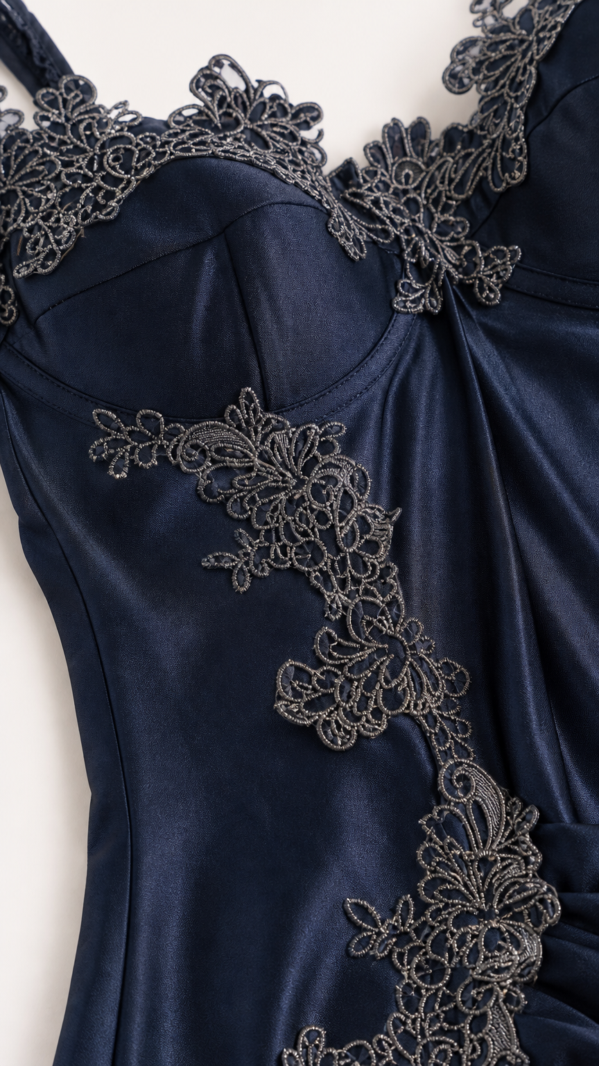 Close-up of navy blue satin bodice with intricate lace appliqué
