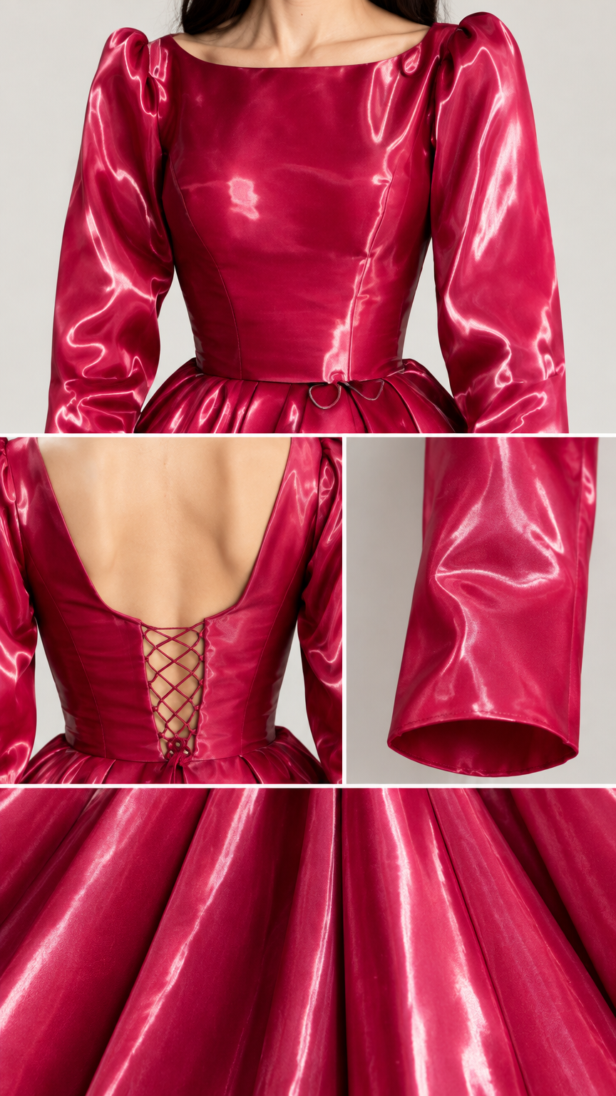 Close-up detail collage showing boat neckline, corset lacing, sleeve cuff, and pleated satin texture