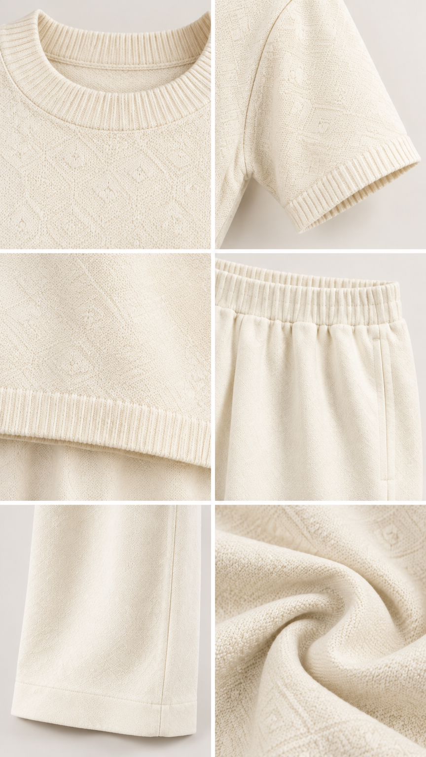 Close-up details of cream textured knit fabric, ribbed neckline, ribbed hem, and elastic waistband