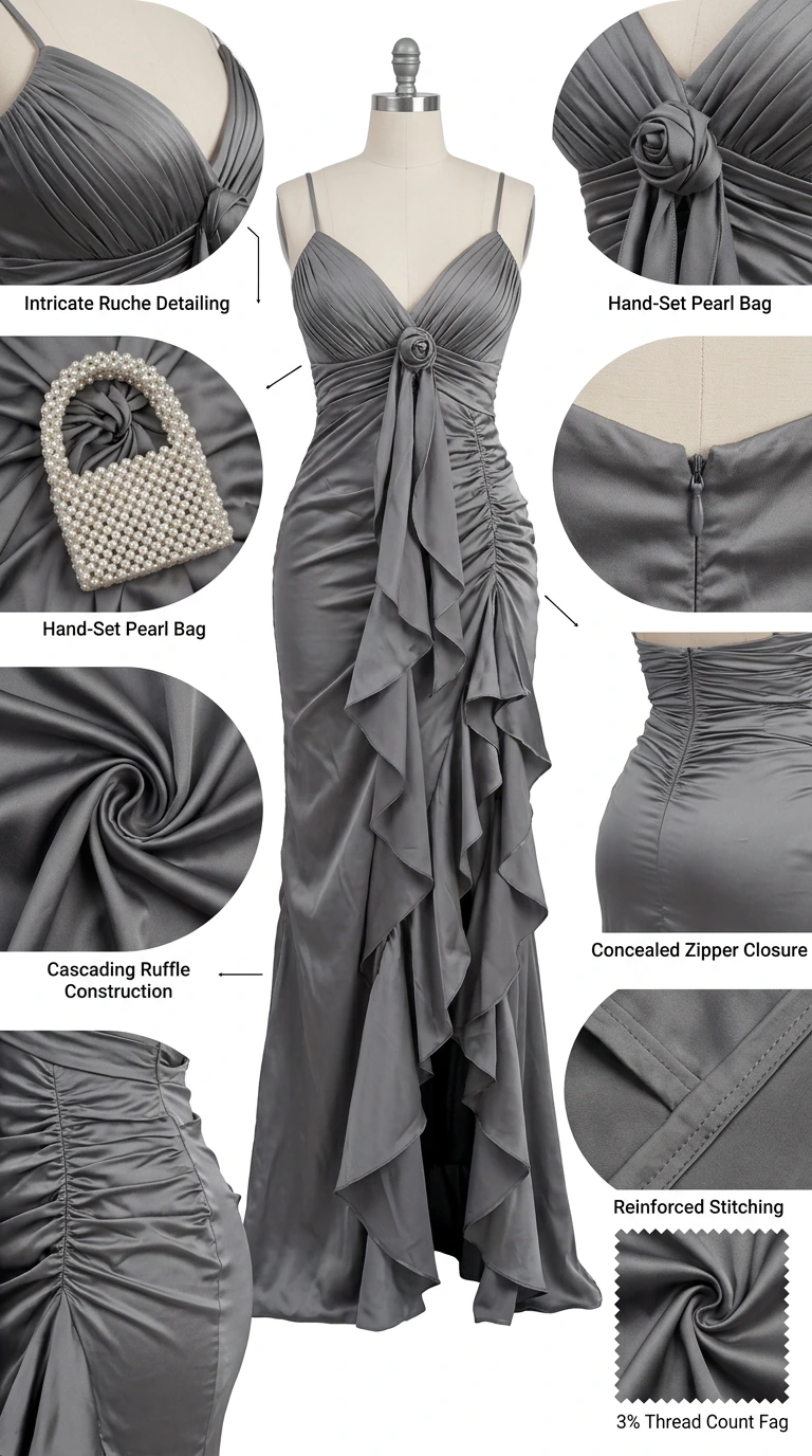 Detailed infographic highlighting ruched bust, rosette accent, and stitching details on mannequin