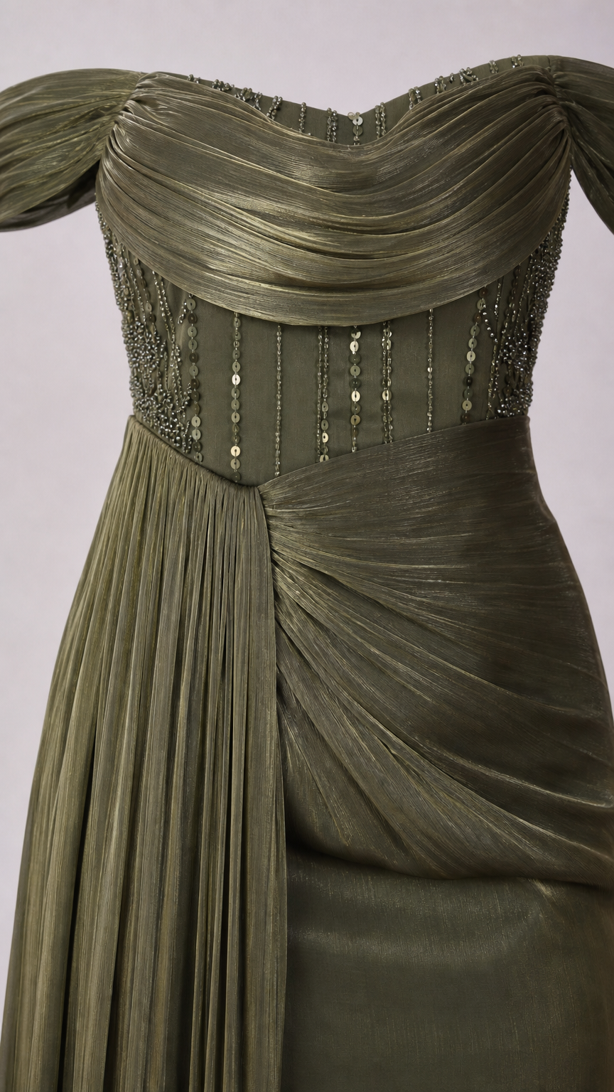 Close-up detail of ruched neckline and vertical beading on olive green gown