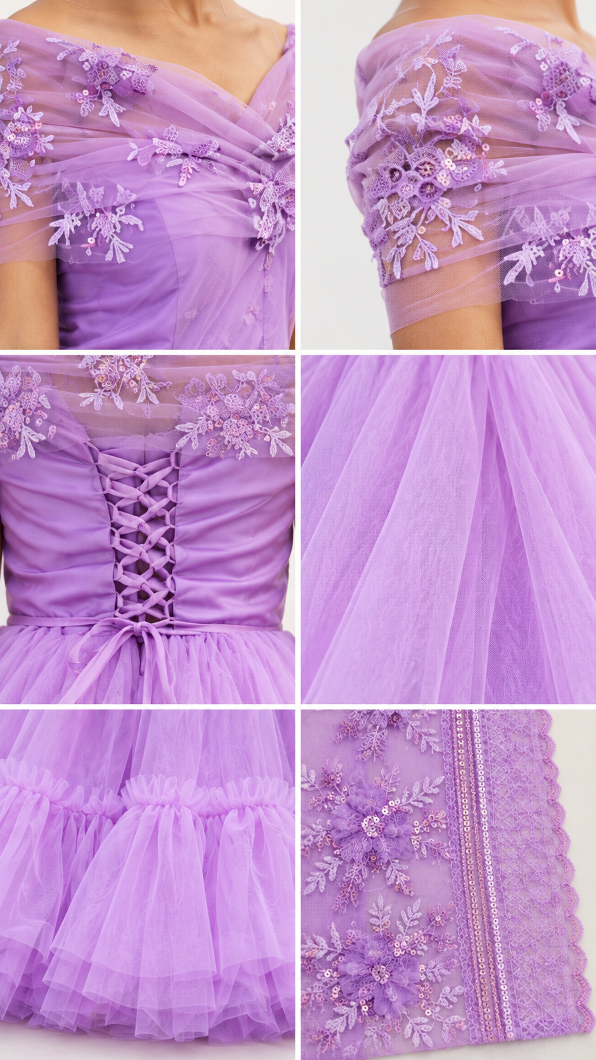 Close-up details of floral embroidery, beading, corset back, and ruffled hem on lavender tulle gown