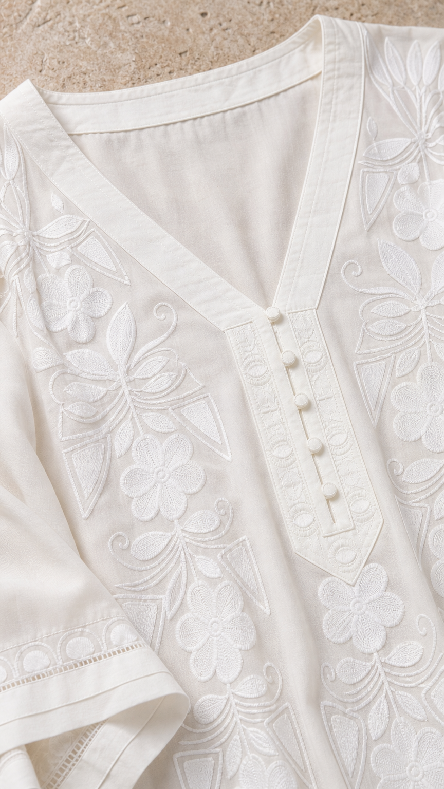 Close-up detail of white kaftan neckline with intricate floral embroidery and button placket