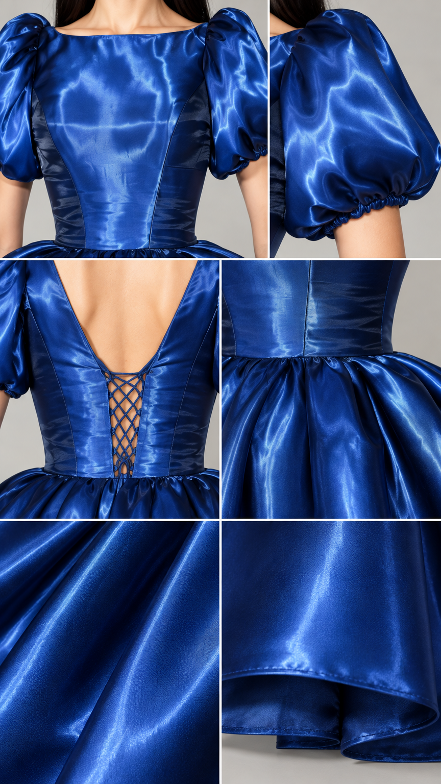Detailed close-up collage of neckline, puff sleeves, lace-up back, and satin hemline