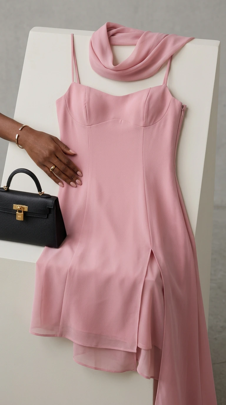 Flat lay close-up of dusty pink maxi dress with matching scarf and mini black bag