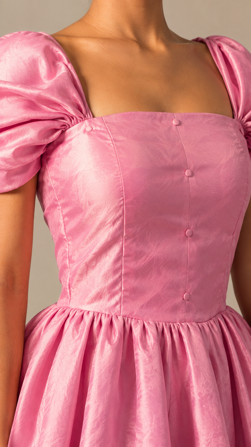 Close-up detail of pink gown showing square neckline, bodice seams, and covered buttons