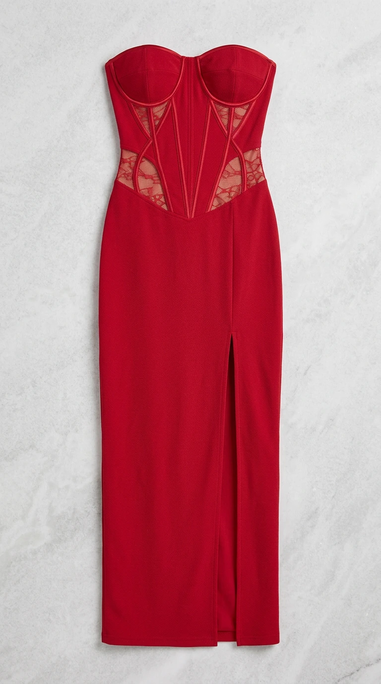 Flat lay view of red strapless corset evening dress with side slit