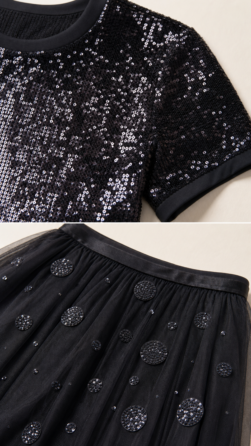 Close-up detail of shimmering black sequins and embellished tulle skirt waistband