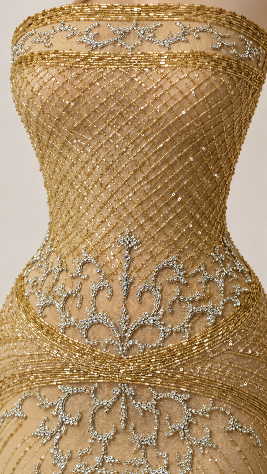 Close-up detail of gold and silver sequin lattice and filigree beadwork
