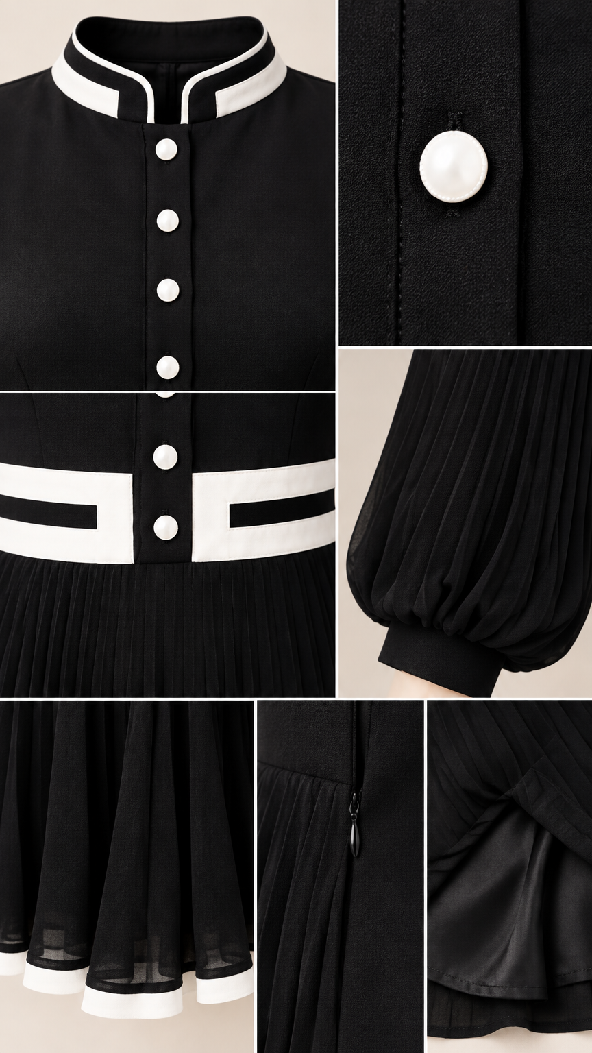 Close-up details of white buttons, stand collar piping, pleated sleeve cuffs, and side zipper