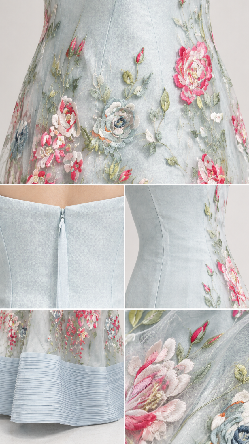 Close-up details of intricate floral embroidery and pleated hem on light blue dress