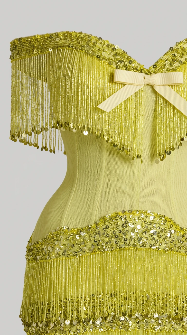 Close-up of chartreuse sequined bodice, bow detail, and tiered fringe texture