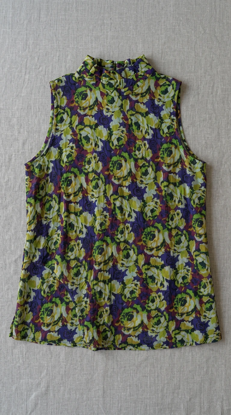 Flat lay view of royal blue floral plissé textured sleeveless top