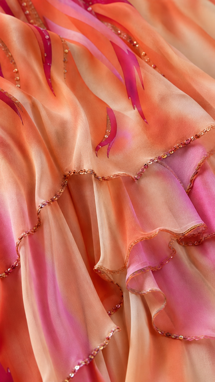Close-up detail of tiered ruffled hem with shimmer embellishments on sunset orange fabric