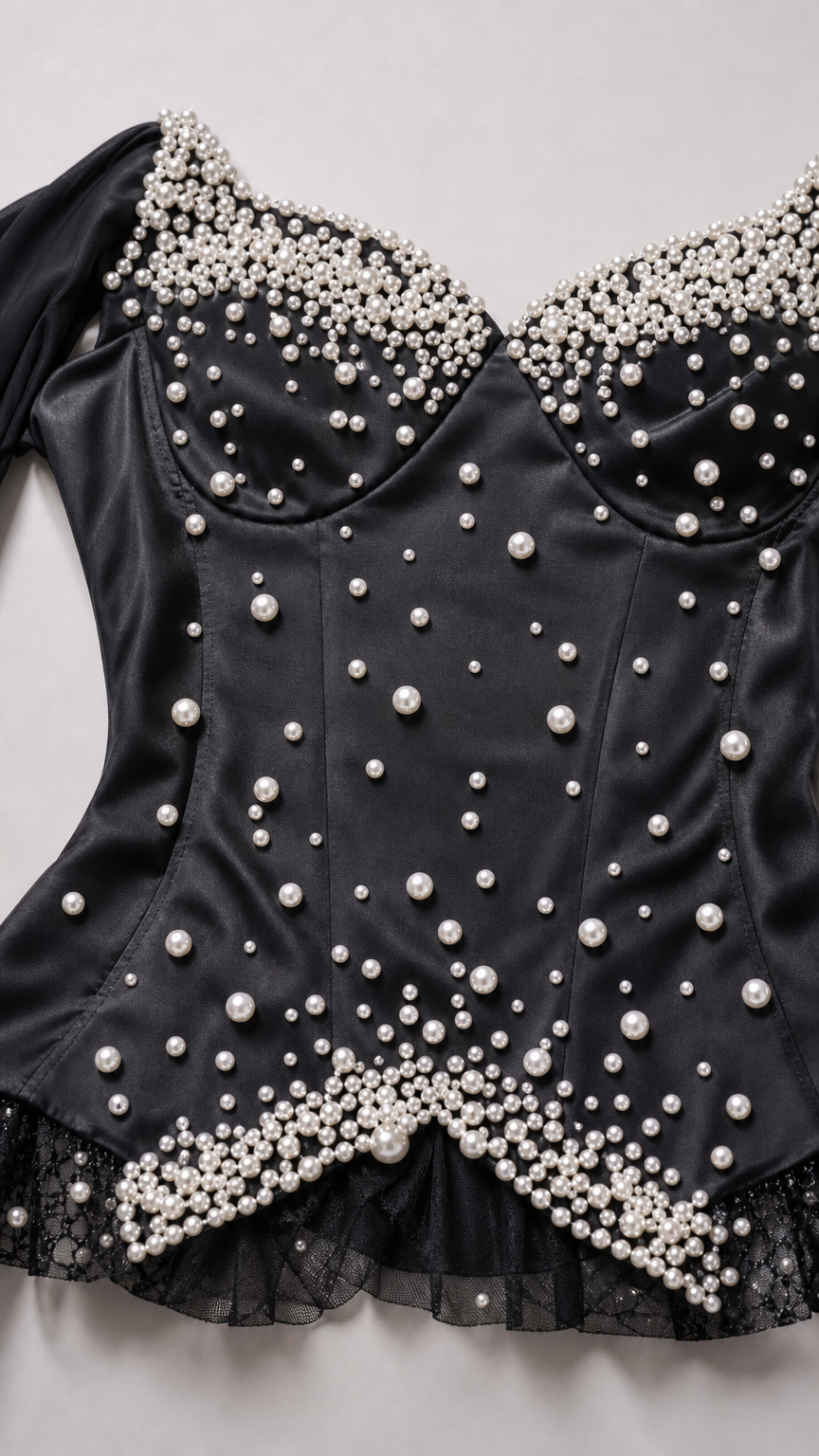 Close-up detail of structured corset bodice embellished with graduated white faux pearls and lace trim
