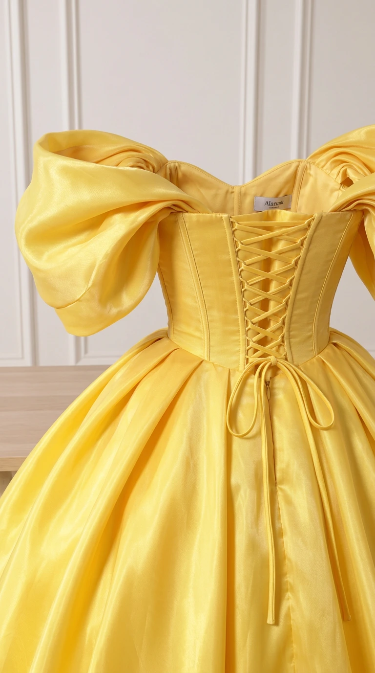 Close-up back detail of the yellow corset bodice showing lace-up ties and boning