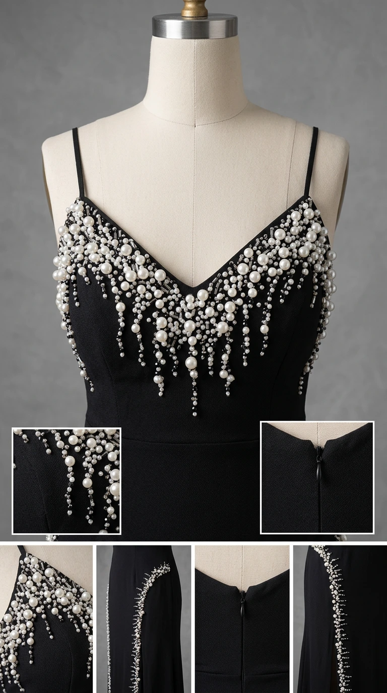 Close-up detail collage showing pearl-encrusted bodice, back zipper, and seam beadwork