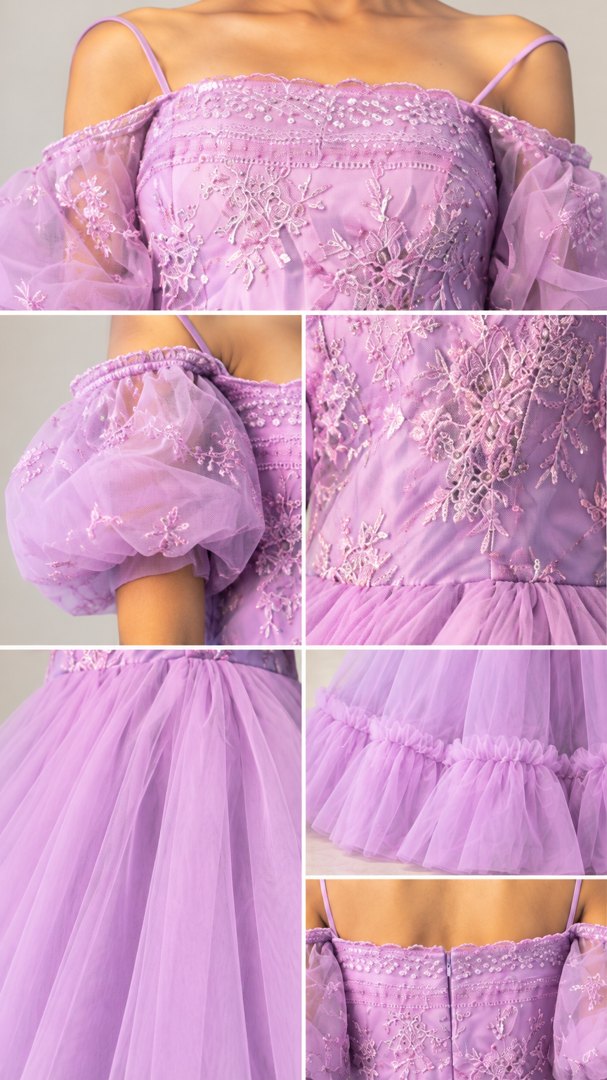 Close-up collage of floral embroidery, beading, off-shoulder puff sleeves, and ruffled tulle hem