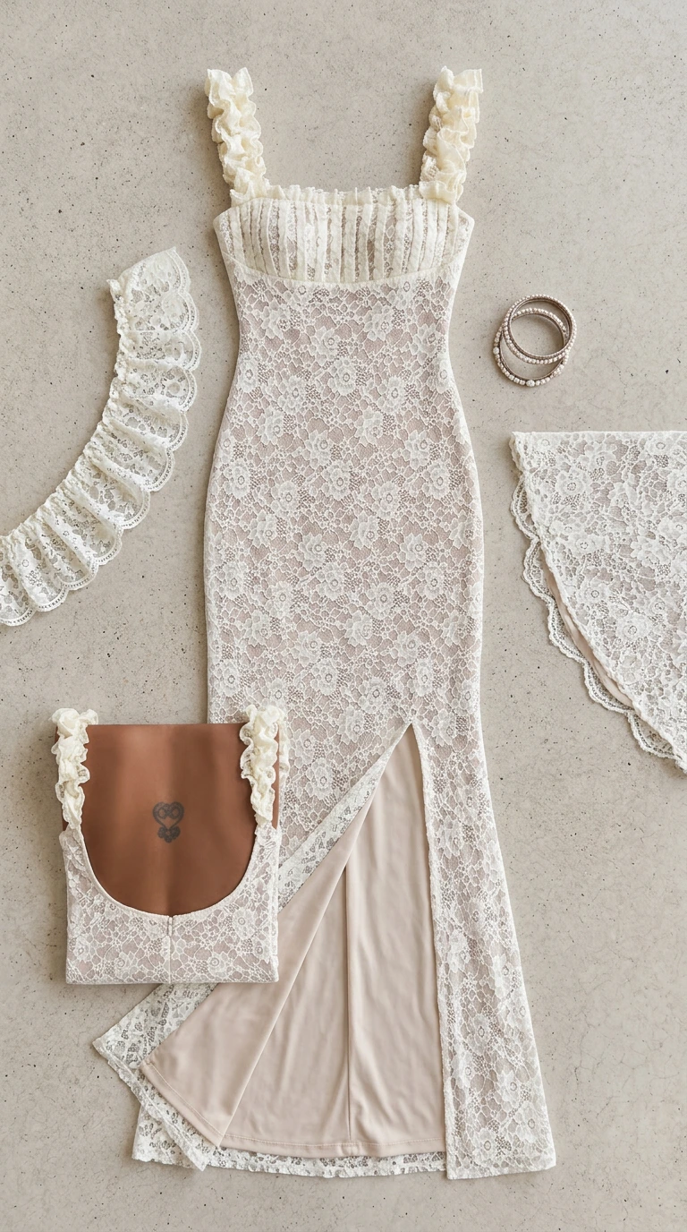 Flat lay view of white floral lace gown detailing ruffled straps, gathered bodice, and side slit