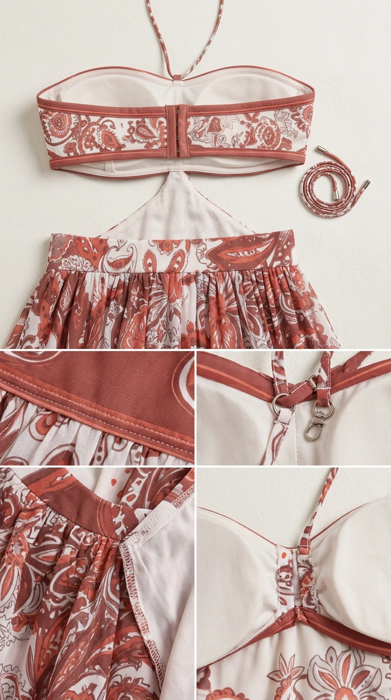 Detailed interior and construction closeup of bandeau bodice lining, strap attachment, and waistband