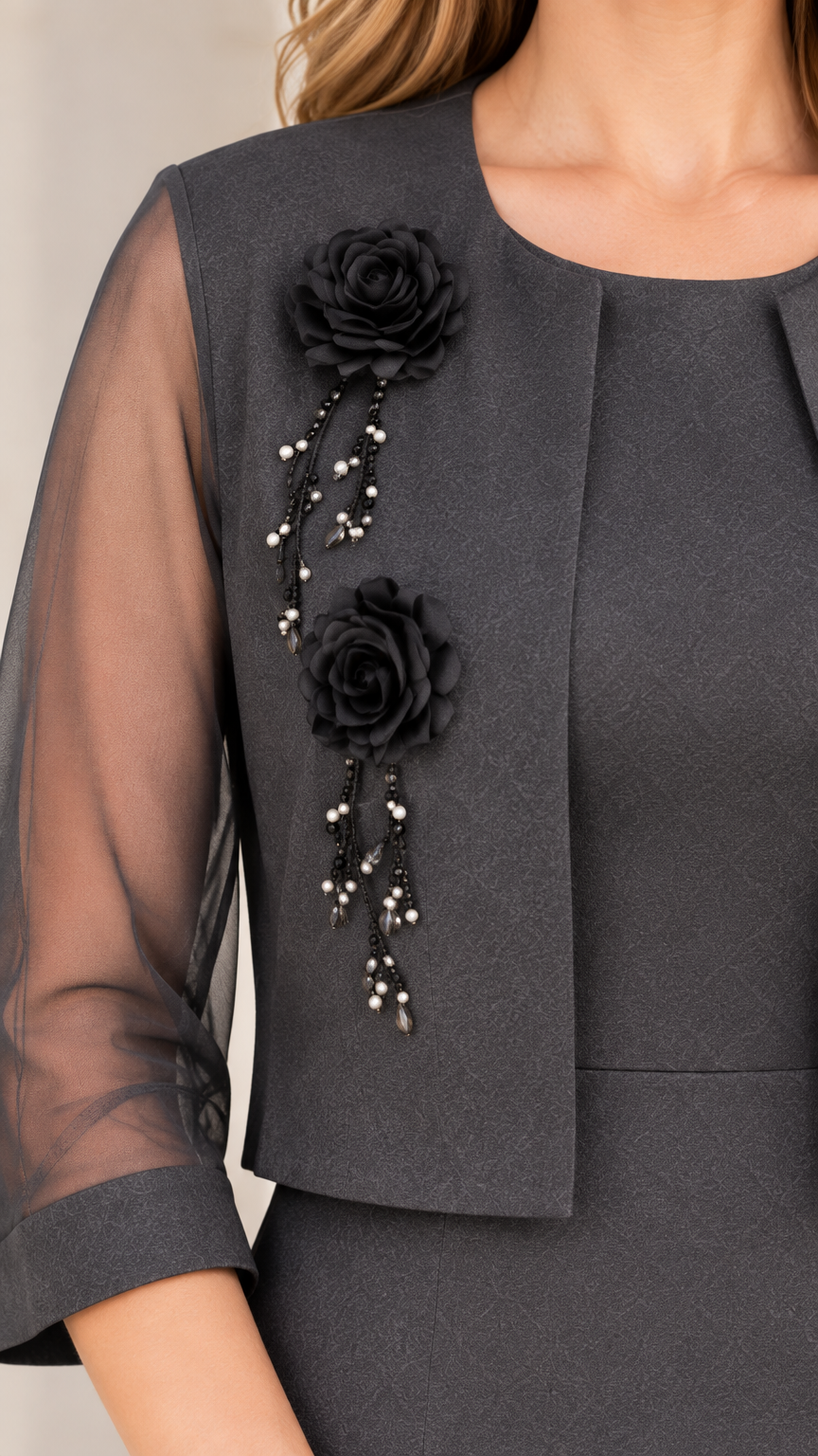 Close-up detail of 3D floral rosettes and beaded accents on charcoal jacket